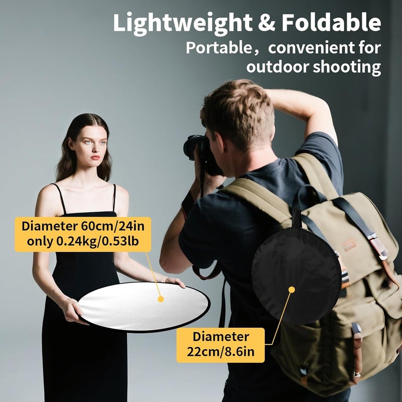 hellovetee 24/32/43/52in Reflector Photography,5 in 1 Light Diffuser with Panel &Bag Light Reflectors for Photography, Ideal for Content Creator Essentials&Photographer in Silver,Gold,White and Black - Image 4